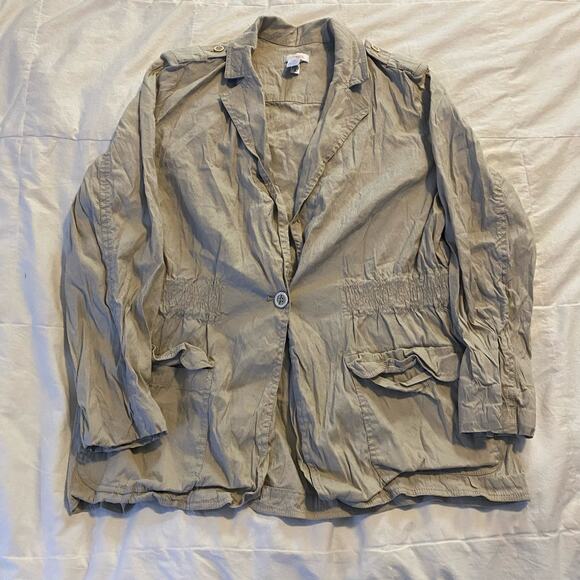 Chicos 2 Jacket Tan Large Button Patch Pocket Utility Elastic Waist Linen Blend - Picture 1 of 15
